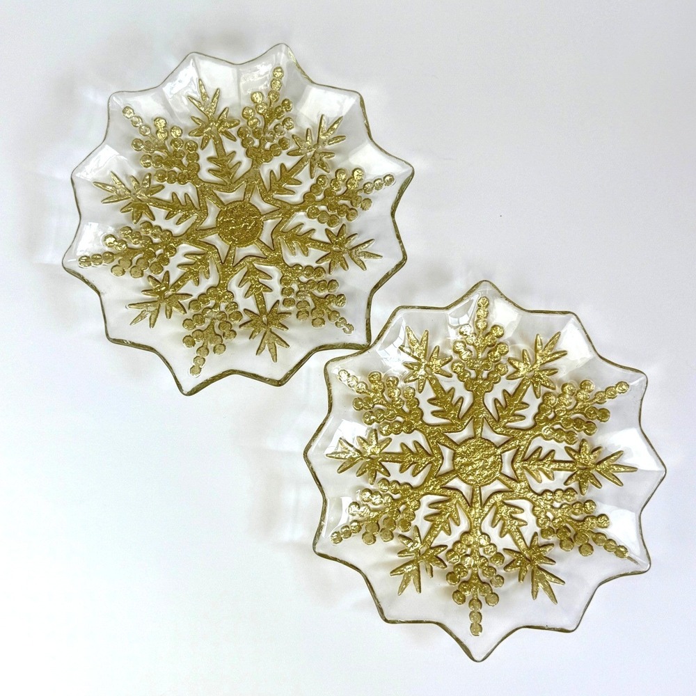 Arda Cam Turkish Glass Snowflake Plates Set 2 Gold Winter Holiday Tablescape 8in